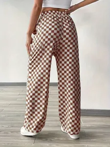 Back view of high waist straight trousers with brown and white checkerboard pattern