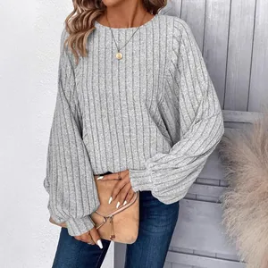 Stylish grey ribbed knit sweater for women with elegant lantern sleeves and round neck