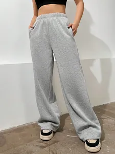 Graue Fleece-Jogginghose mit hoher Taille und weitem Bein für den täglichen Gebrauch