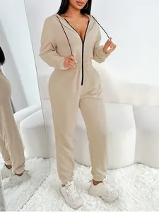 Tuta intera da donna color beige con cappuccio e zip, set sportivo per il tempo libero