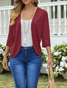 Detailed view of stylish wine red knit cardigan for women featuring relaxed 3/4 sleeves