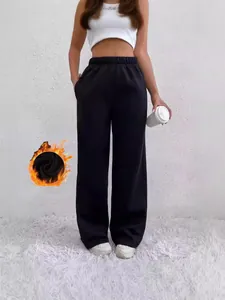Damen Fleece Gefütterte Thermohose Hohe Taille Weites Bein Sweathose Lässig Weich Gerade Polyester Elastan Unterteil Für Herbst Winter