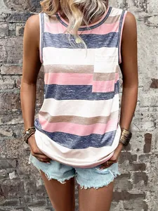 Γυναικείο Αμάνικο T-Shirt Casual Ριγέ Color Block Top Με Τσέπη Καλοκαίρι Πολυεστέρας Λαιμόκοψη Με Κουμπιά Αμάνικο Top