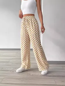 Casual high-waisted straight-leg trousers with yellow checkerboard pattern for women