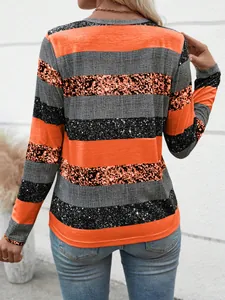 Lässiges Damen-Langarmshirt mit orangefarbenen, grauen und gesprenkelten schwarzen Streifen