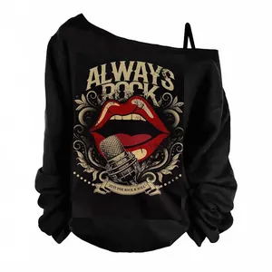 Close-up of black cold-shoulder long sleeve top with vintage Always Rock lip print