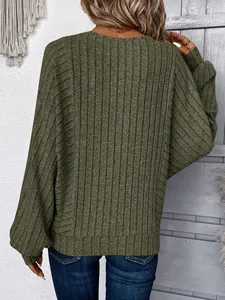 Back view showing the fine ribbed knit texture of this casual green long-sleeve top