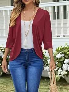 Women's Casual Open Front Knit Cardigan 3/4 Sleeve Solid Color Lightweight Breathable Sweater Jacket For Autumn Fashion