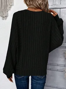 Detailed back view of black ribbed knit pullover sweater with drop shoulder design