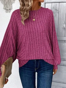 Stylish relaxed fit women's ribbed knit crewneck sweater for autumn winter wear