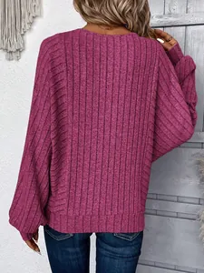 Close-up back view of a women's purple ribbed knit long sleeve pullover sweater