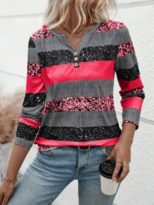 Modisches langärmeliges Damen-T-Shirt mit Streifenmuster und V-Ausschnitt in Pink und Grau