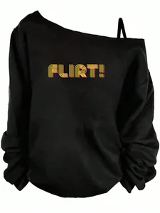 Detailed view of a black off-shoulder sweatshirt with colorful FLIRT! striped graphic print