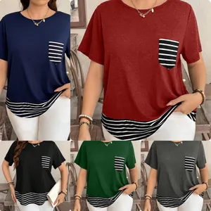 Camiseta holgada de manga corta para mujer con patchwork a rayas y bolsillo frontal