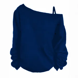 Navy blue off-the-shoulder long sleeve women's top featuring a delicate shoulder strap