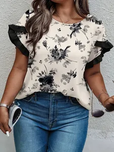 Detail view of plus size floral print top with ruffle sleeves for casual summer wear