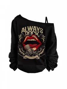 Black off-shoulder long sleeve sweatshirt with rock music and lips graphic print