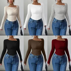 Stylish asymmetrical neck ribbed knit top available in six versatile colors for women