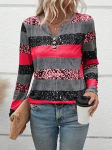 Camiseta de manga larga para mujer con rayas horizontales de textura rosa y gris