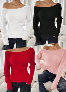 Detail view of slim-fit off-shoulder ribbed knit tops available in multiple solid colors