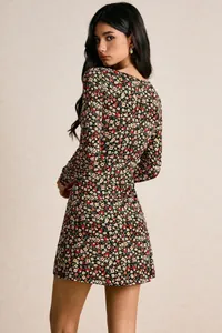 Back view detail of slim fit floral long sleeve mini dress for party and casual wear