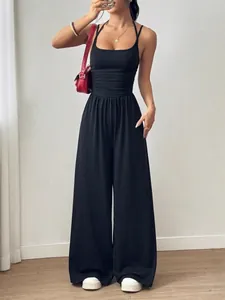Elegante body modellante senza maniche e tuta a gamba larga in nero tinta unita