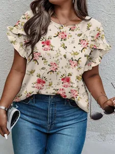 Stylish casual floral print plus size blouse with flutter sleeves for summer wear