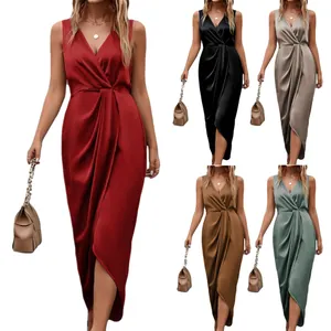 Elegant V-neck sleeveless satin maxi dress in multiple colors with split hem
