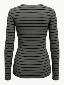 Back view of a slim fit grey and black horizontal striped long sleeve T-shirt for women