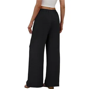 Full back view of black wide-leg trousers for women with comfortable elastic waistband