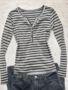 Women Long Sleeve Striped T-Shirt Casual Henley Neck Button Slim Fit Top Polyester Base Layer Striped Ribbed Knit Tee