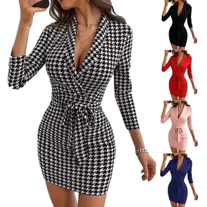 Elegant Women Blazer Collar Bodycon Dress With Belt 3/4 Sleeve Houndstooth Slim Fit Sexy Professional Office Mini Dress