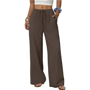 Front view of brown wide-leg casual pants with drawstring waist and side pockets
