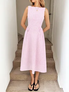 Elegant pink and white vertical striped sleeveless midi dress with boat neck and pockets