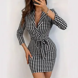 Elegant houndstooth bodycon dress featuring blazer collar and belted waist detail
