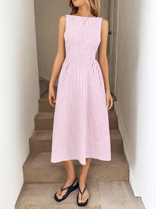 Elegant pink and white vertical striped sleeveless midi dress with V-shaped waist seam.