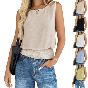 Women Casual Solid Color Round Neck Sleeveless Tank Top With Smocked Hem Patchwork Design Polyester Summer Fashion Top