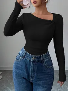 Close-up of the asymmetrical neckline and ribbed texture on this black long-sleeve top