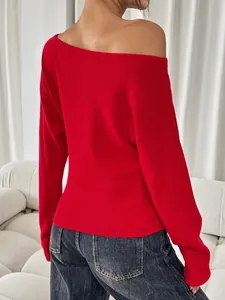 Back view of a red off-the-shoulder long sleeve knit top with a slim fit Y2K style
