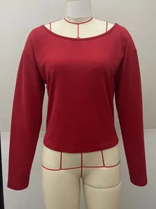 Detailed view of a solid red long-sleeved knit top featuring a wide boat neck design