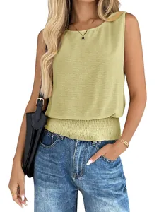 Detailed view of women's solid color sleeveless tank top featuring an elastic smocked hem
