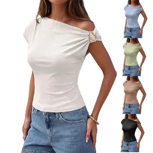 Women Asymmetric Cold Shoulder Ribbed Slim Fit T-Shirt Polyester Solid Color Joining Short Sleeve Top With Metal Buckle