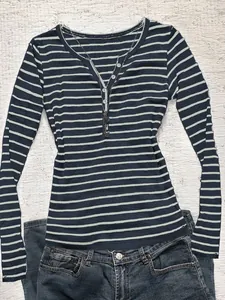 Women's slim-fit navy blue and white striped long-sleeved T-shirt with Henley buttons