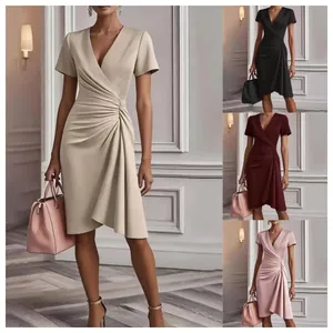 Elegant V-neck pleated short sleeve dress in various colors for women's slim fit