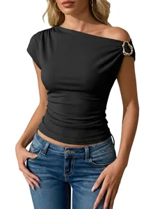 Close-up view of black ribbed slim asymmetric off-shoulder top with gold buckle detail