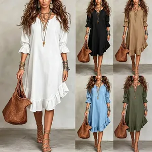 Women V Neck Ruffle Hem Dress Solid Color Boho Half Sleeve Patchwork Loose Midi Dresses for Casual Travel Vacation Clothing