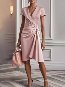 Elegant pink V-neck dress with pleated waist design and slim fit silhouette