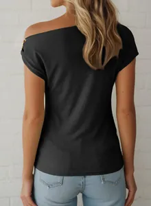 Back view of black ribbed off-shoulder top with metal buckle and slim fit design