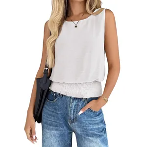 Casual white round neck sleeveless tank top with smocked hem for women