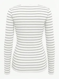 Detailed back view of a slim-fit striped long-sleeve T-shirt in white and gray tones